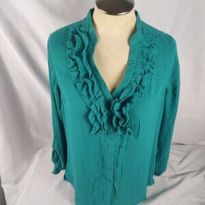Forever 21 Womens Green Long Sleeve Button Down Ruffle Blouse Size Large
